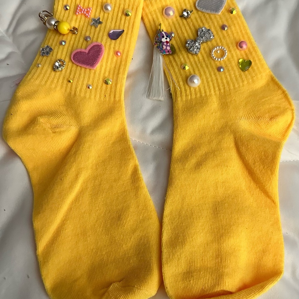 Vibrant Yellow and Pink Crew Socks with Colorful Patterns